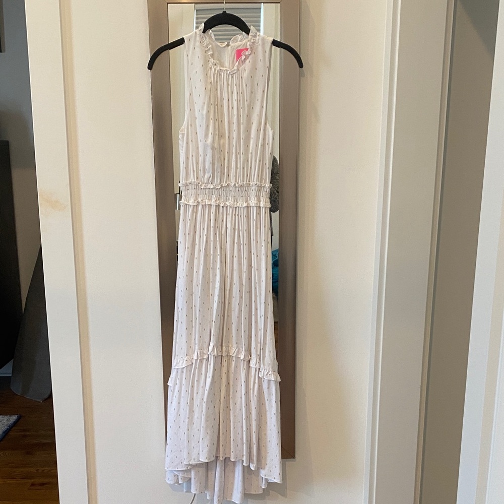 Sleeveless White Lilly Pulitzer Maxi Dress with gold dot detail